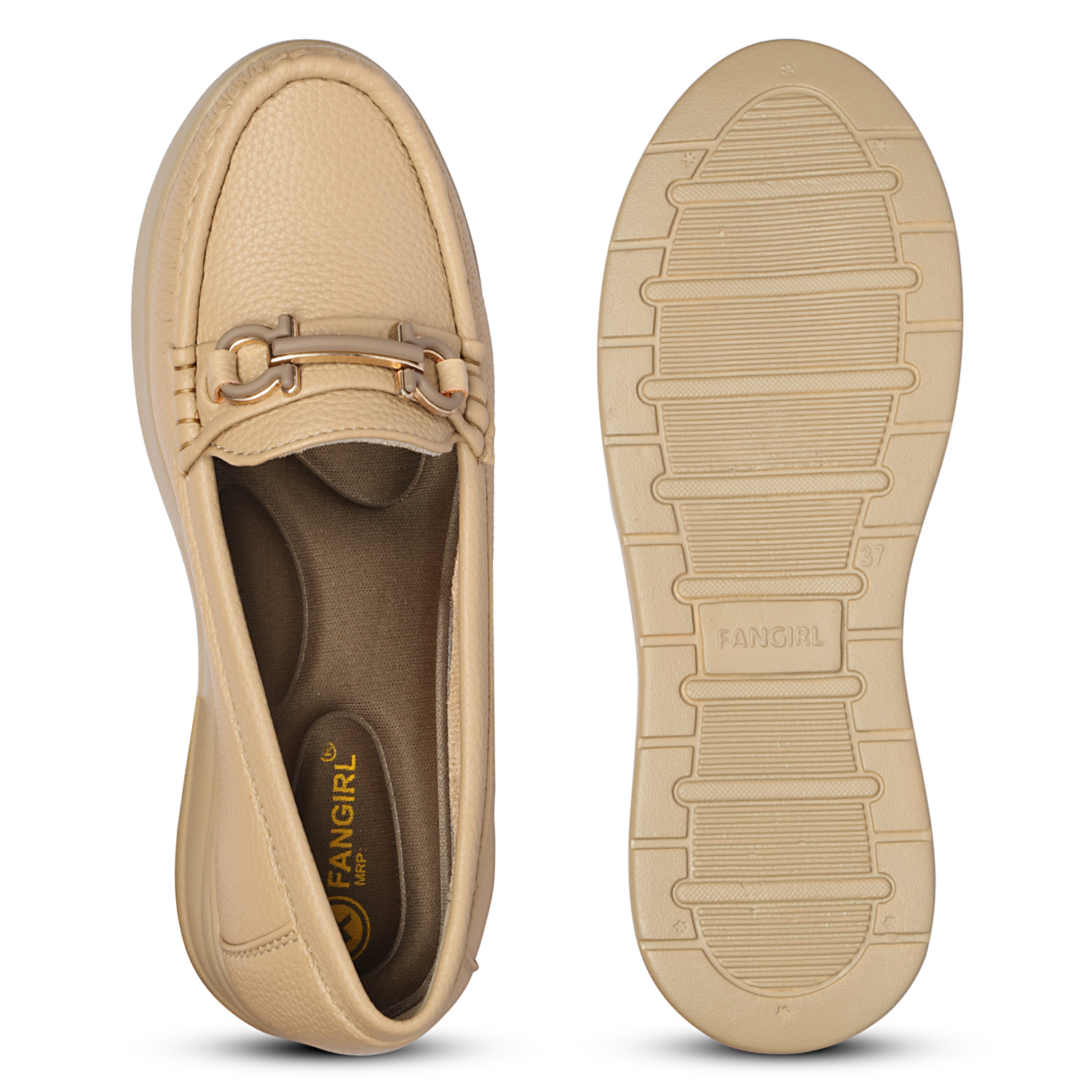Fangirl Horsebit-Trim Beige Moccasins - Image 5