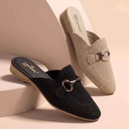 Fangirl Horsebit-Trim Premium Fabric Black Mule